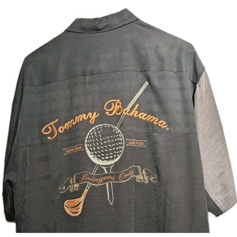 Tommy Bahama Shirt Mens M Blk/Gry Silk Golf Swingers Only Aloha Camp Button Up